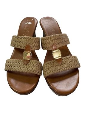 Italian Shoemakers Tan Braided Slide Sandals with Gold Buckle